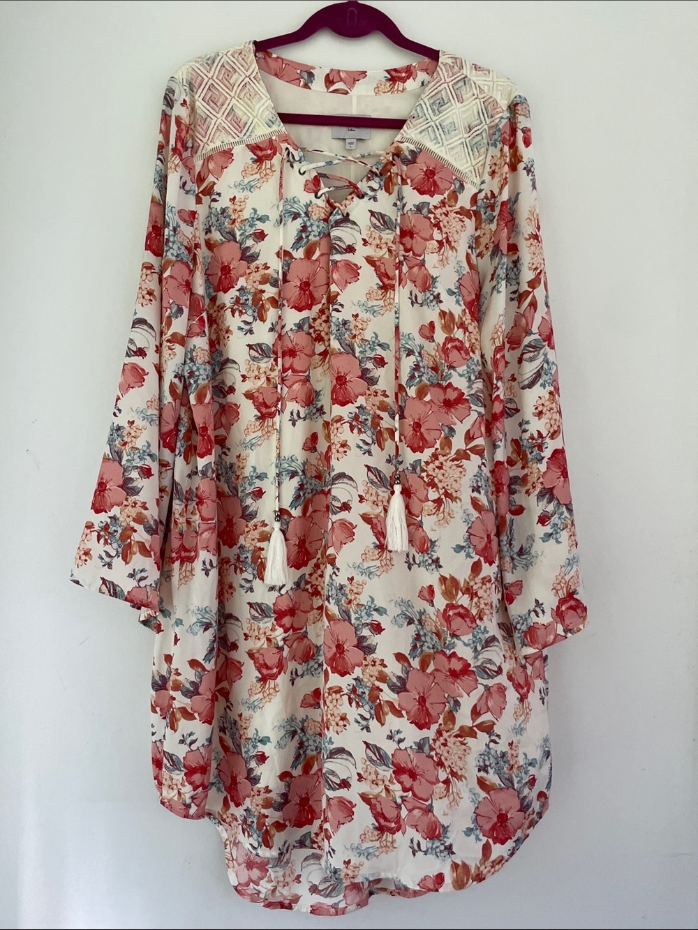 Haute Hippie Tribe  Antique Floral Lac Tassel Tunic Dress in Cream & Coral Large